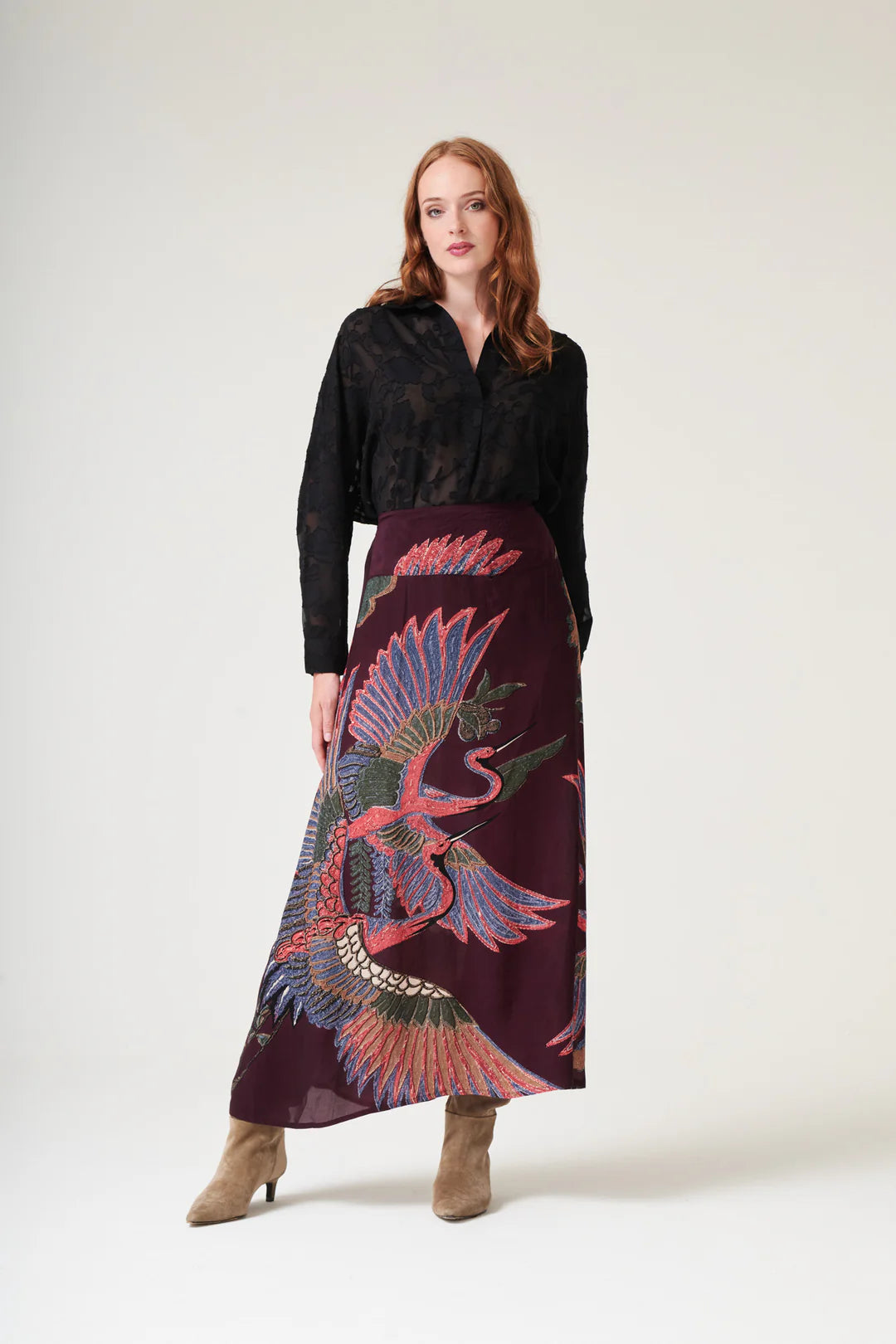 One Hundred Stars Crane Plum A-line Maxi Skirt