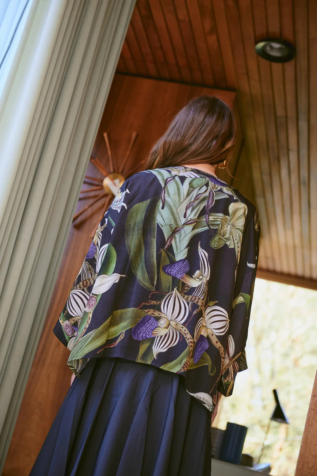 One Hundred Stars Orchid Black Crepe Kimono