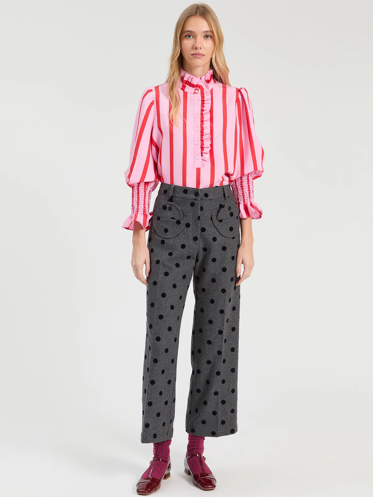 Vilagallo Pink & Red Stripe Shirt with Ruffles