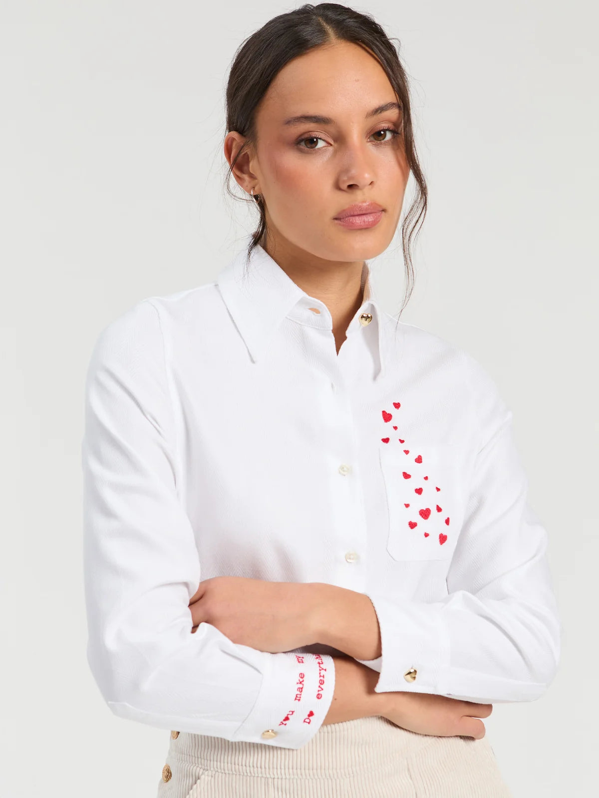 Vilagallo White Herringbone Shirt with Heart Embroidery