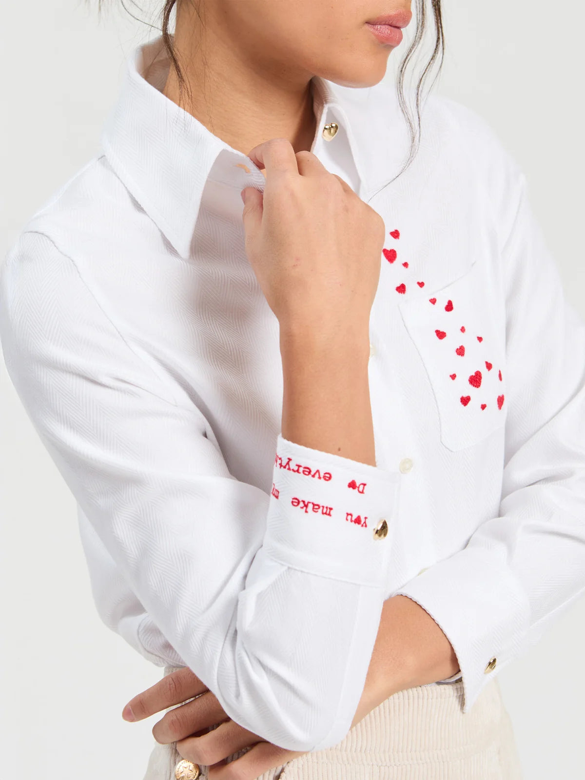 Vilagallo White Herringbone Shirt with Heart Embroidery