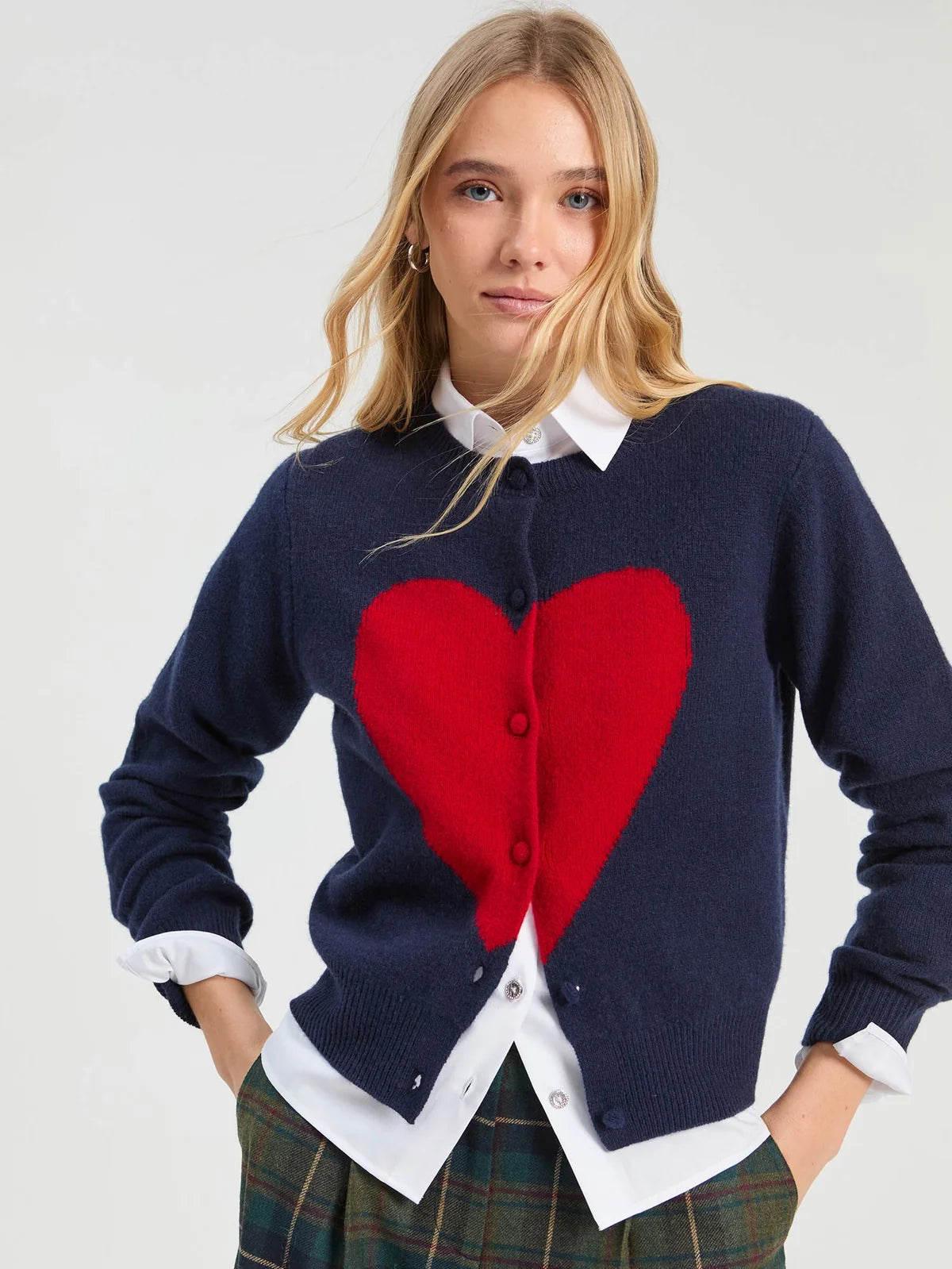 Vilagallo Navy Red Heart Intarsia Cardigan