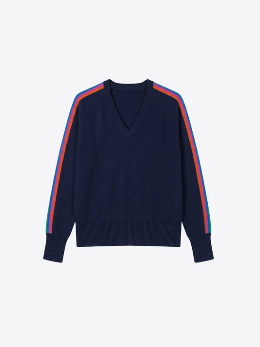 Vilagallo Navy V neck Sweater Striped Sleeves
