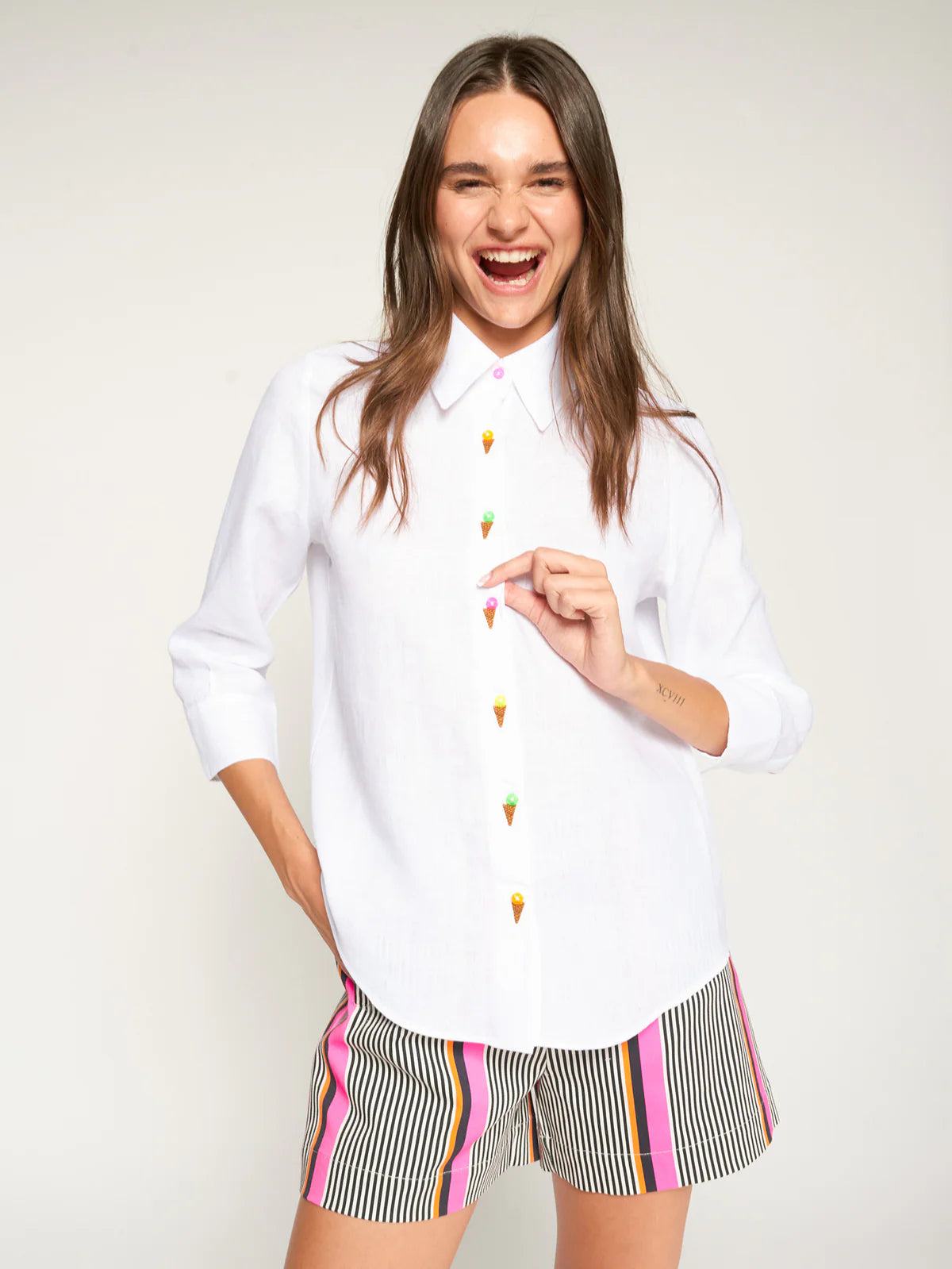 Vilagallo White Linen Shirt with Embroidered Ice Creams