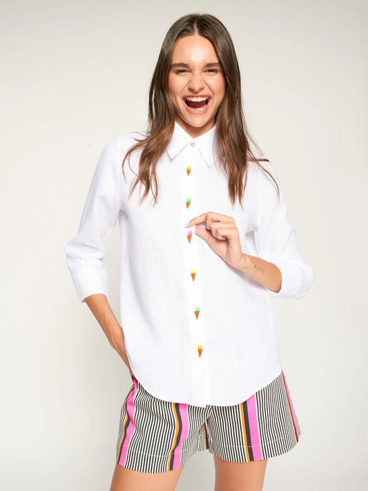 Vilagallo White Linen Shirt with Embroidered Ice Creams