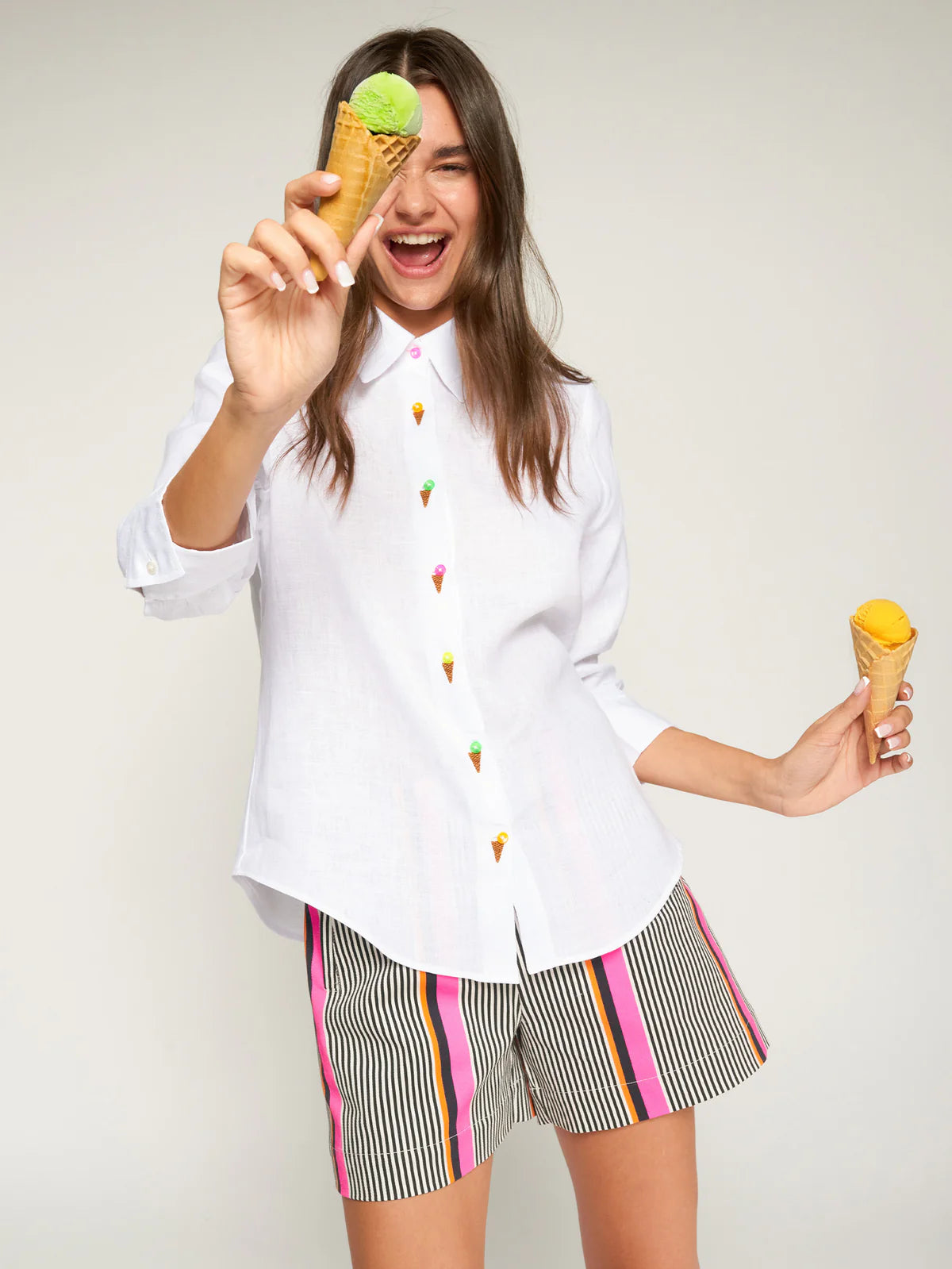 Vilagallo White Linen Shirt with Embroidered Ice Creams