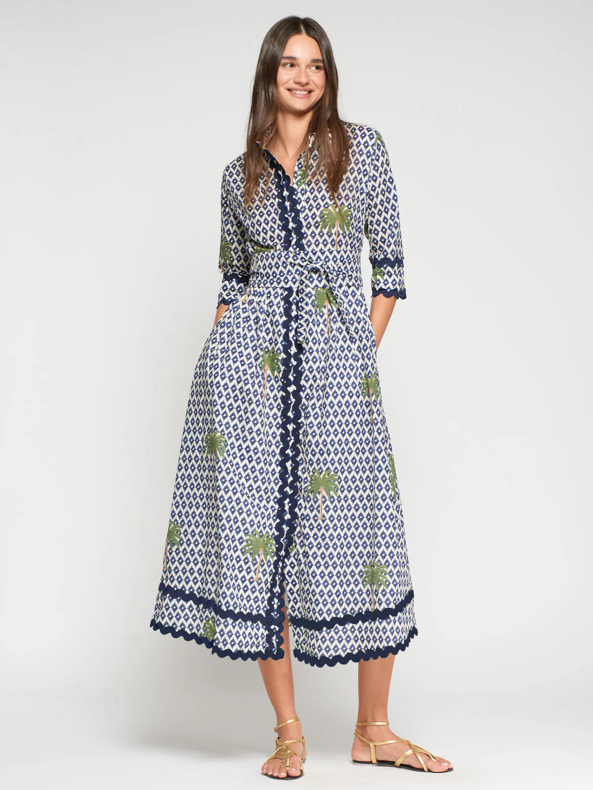 Vilagallo Palm Print Dress with Navy Trim