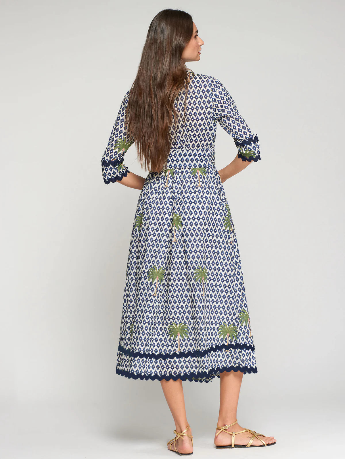 Vilagallo Palm Print Dress with Navy Trim