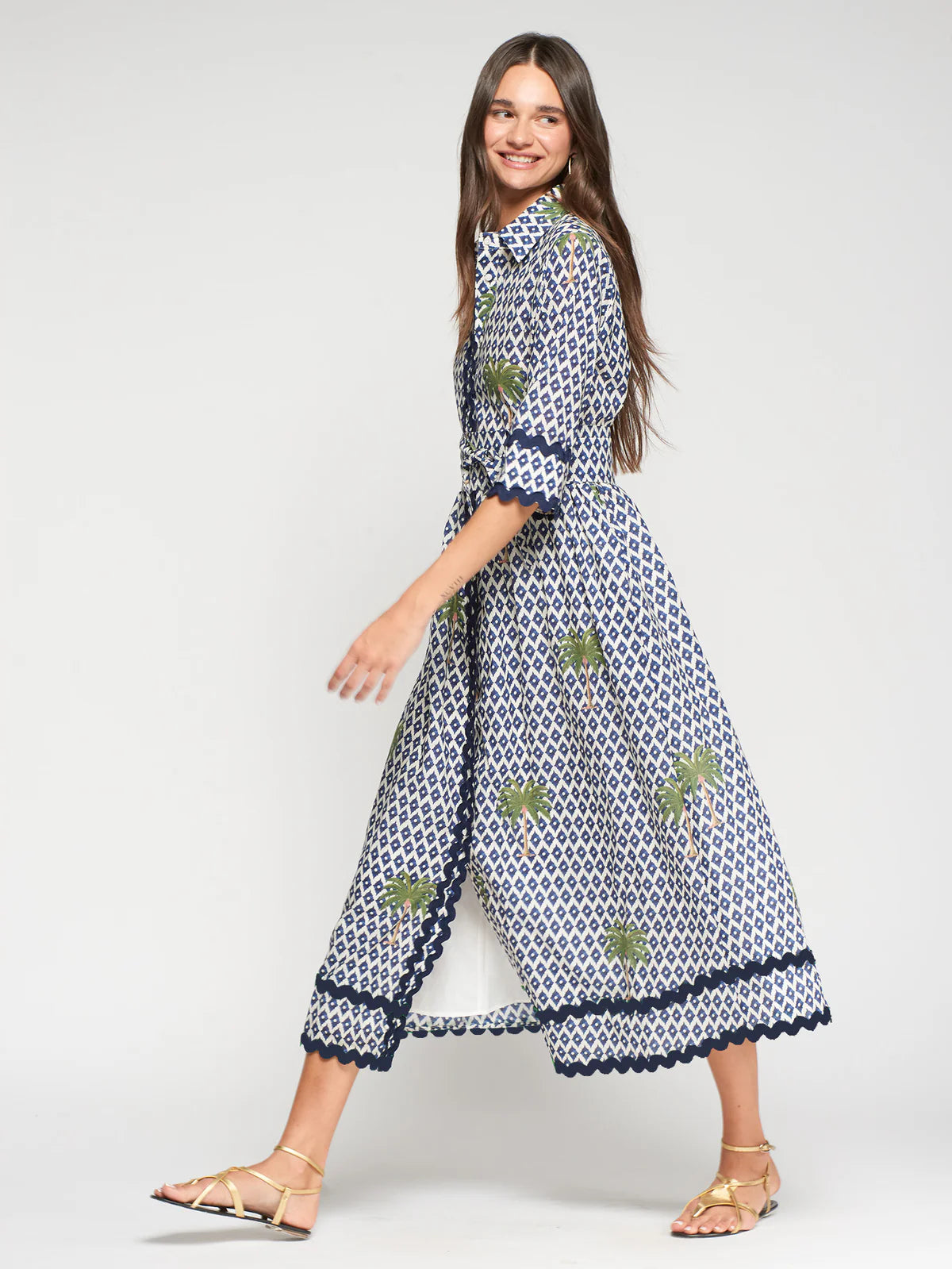 Vilagallo Palm Print Dress with Navy Trim