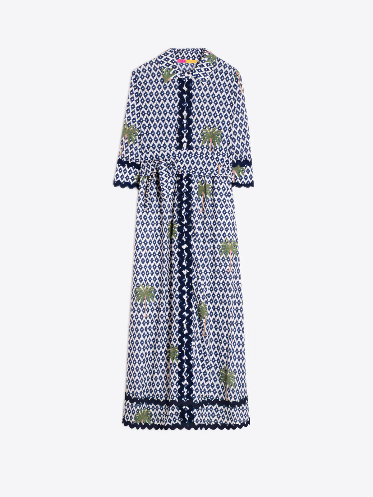 Vilagallo Palm Print Dress with Navy Trim
