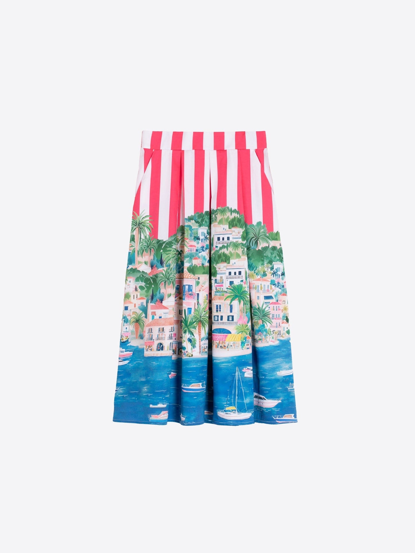 Vilagallo Red Striped Skirt with Coastal Print