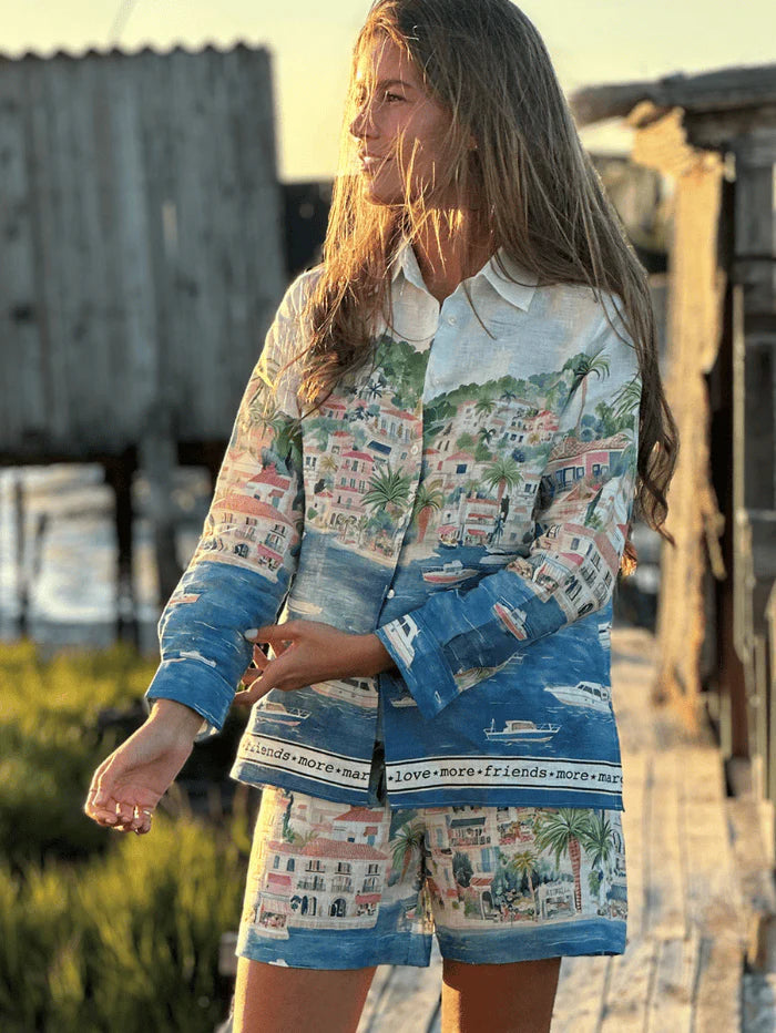 Vilagallo Coastal City Print Linen Shirt