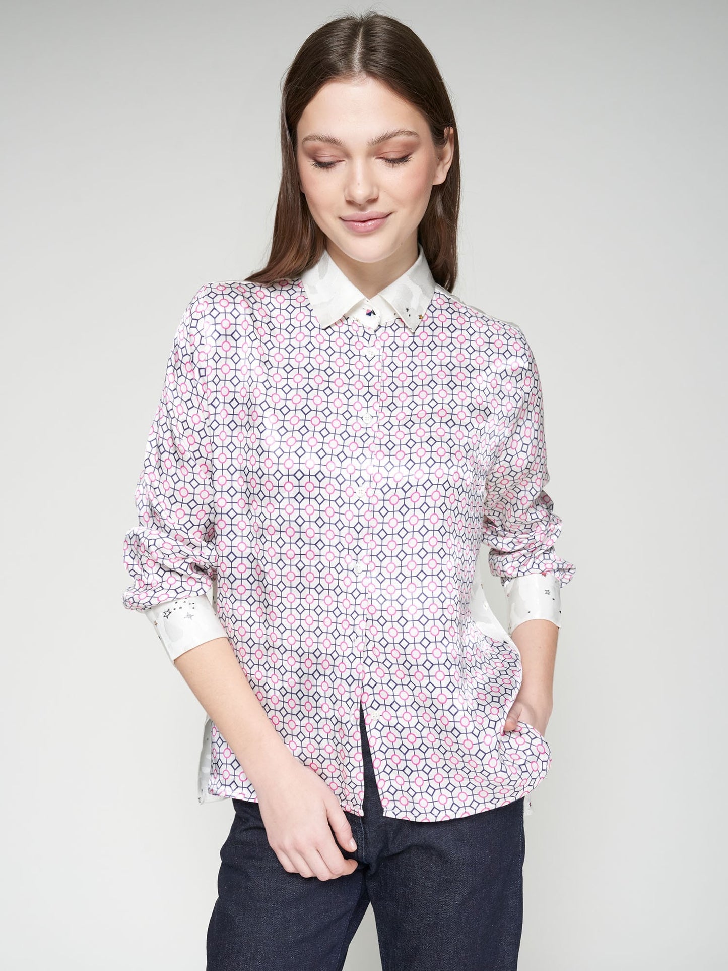 Vilagallo Isa geometric print satin shirt