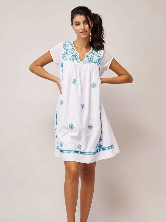 Handprint Dream Apparel tunic dress white & turquoise