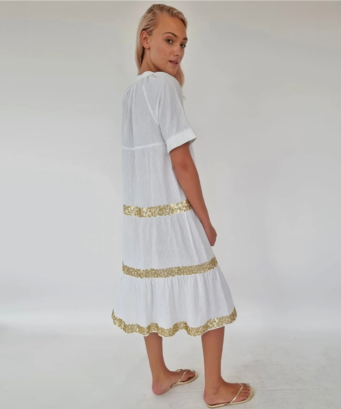 rose and rose Maya Midi dress- white with gold